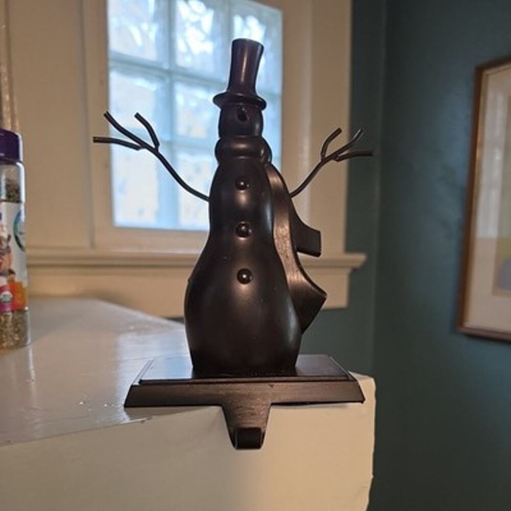 Bronzed Metal Snowman Christmas Stocking Hanger Holder Heavy